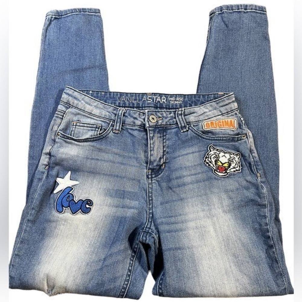 Vanilla Star Skinny Jeans Embroidered Patches Blue‎ Denim Size 7 Y2K Streetwear
